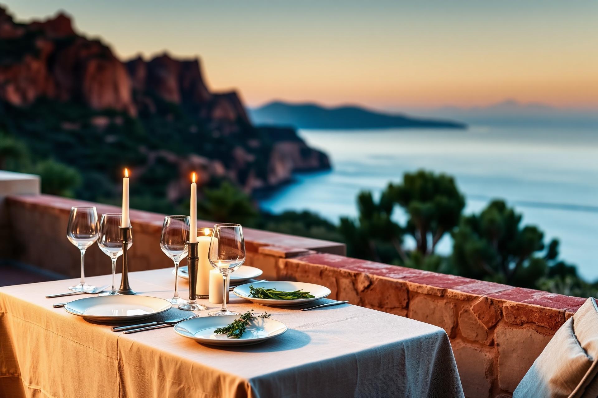 Table dressée face au massif de l'Esterel au coucher du soleil